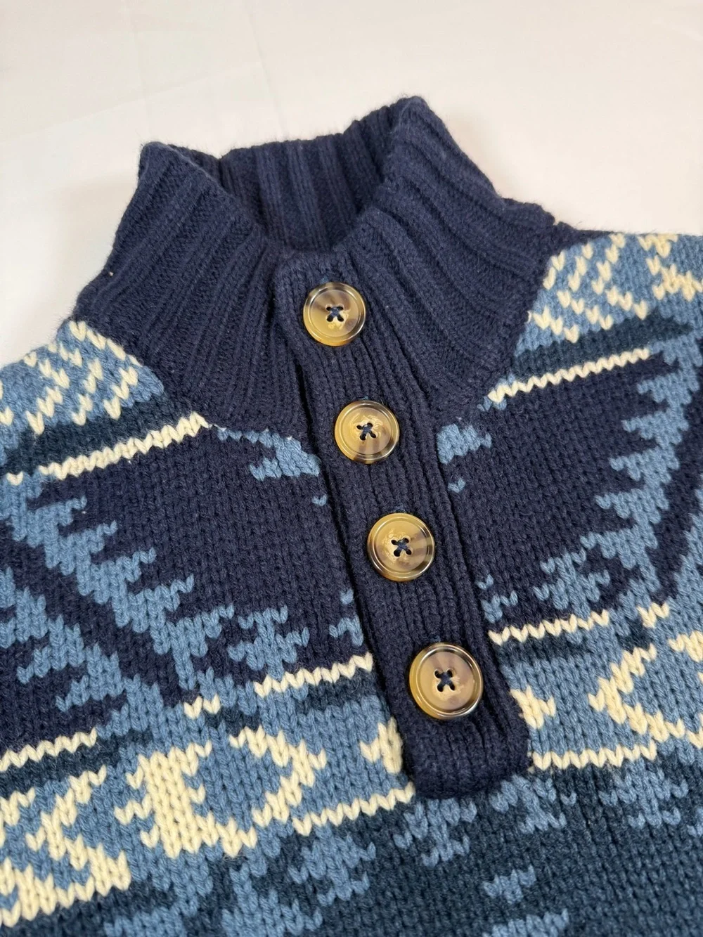 COTTON RYE Boys Shawl Collar Button Neck Fair Isle Sweater Size L 10 Cabin Cozy